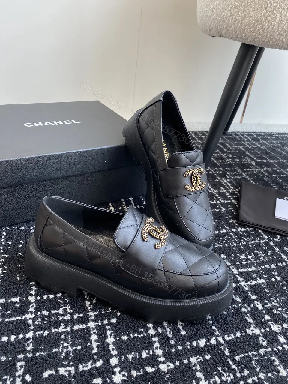 Quilted Leather Loafer Black with Gold Emblem Luxury Comfort — view 1