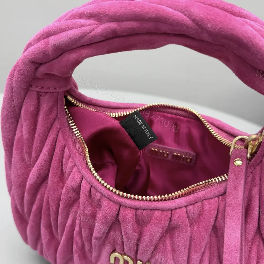 View 8 of Velvet Mini Bag: Fuchsia, Gold Logo, Top-Handle Style