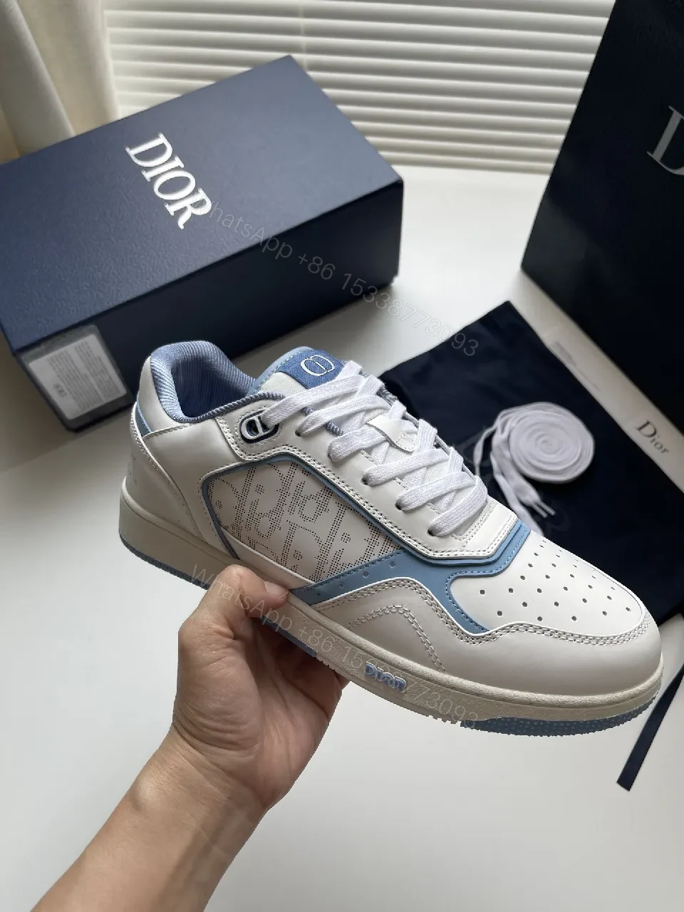 View 7 of White & Ice Blue Leather Sneakers: Subtle Luxury Trainer