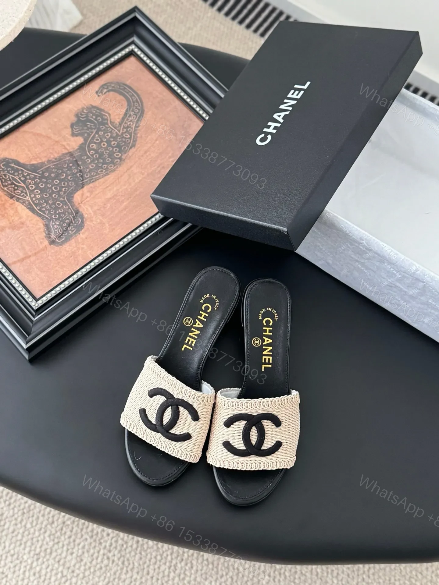 Chanel Women Beige Woven Fabric Black Leather Slides — view 1