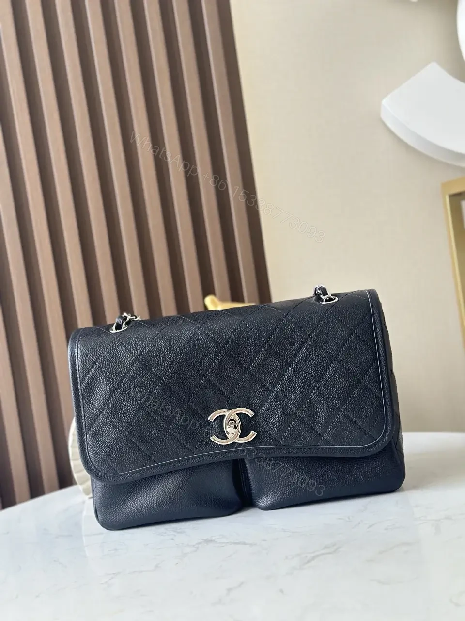 Quilted Crossbody Bag: Navy Leatherette, Iconic Hardware, Compact Luxury — view 1