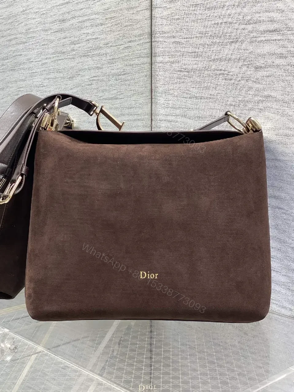 View 7 of Chic Minimalist Crossbody in Rich Brown Suede, Gold Hardware