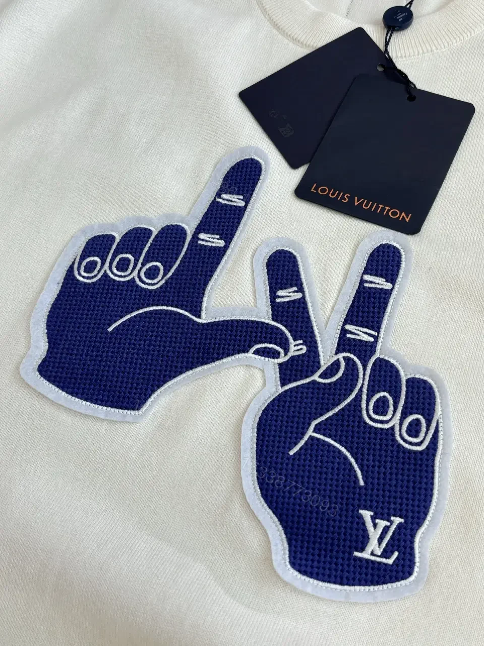 View 3 of White Cotton T-Shirt, Graphic Hand Sign, Casual Style, Louis Vuitton Accent