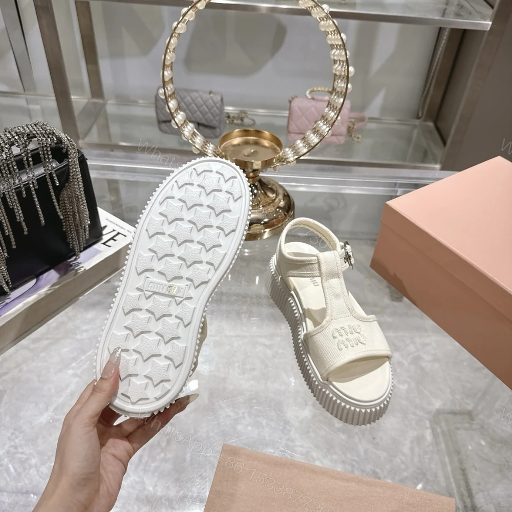 View 6 of MIUMIU DENIM FLATFORM SANDALS IVORY 5X402E CSL F0304 F 045