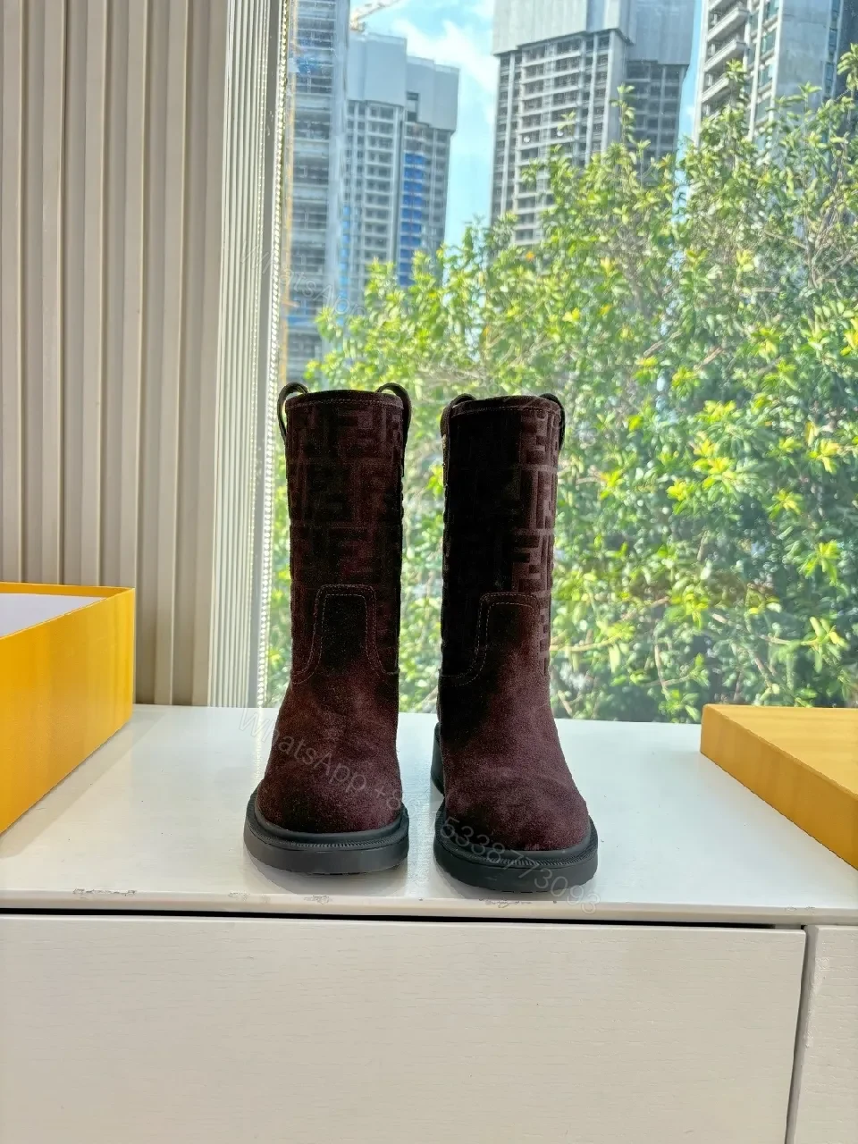 View 7 of Dark Velvet-Texture Boots with Monogram Detail: Suede, Mid-Calf, All-Season Luxe Shoes