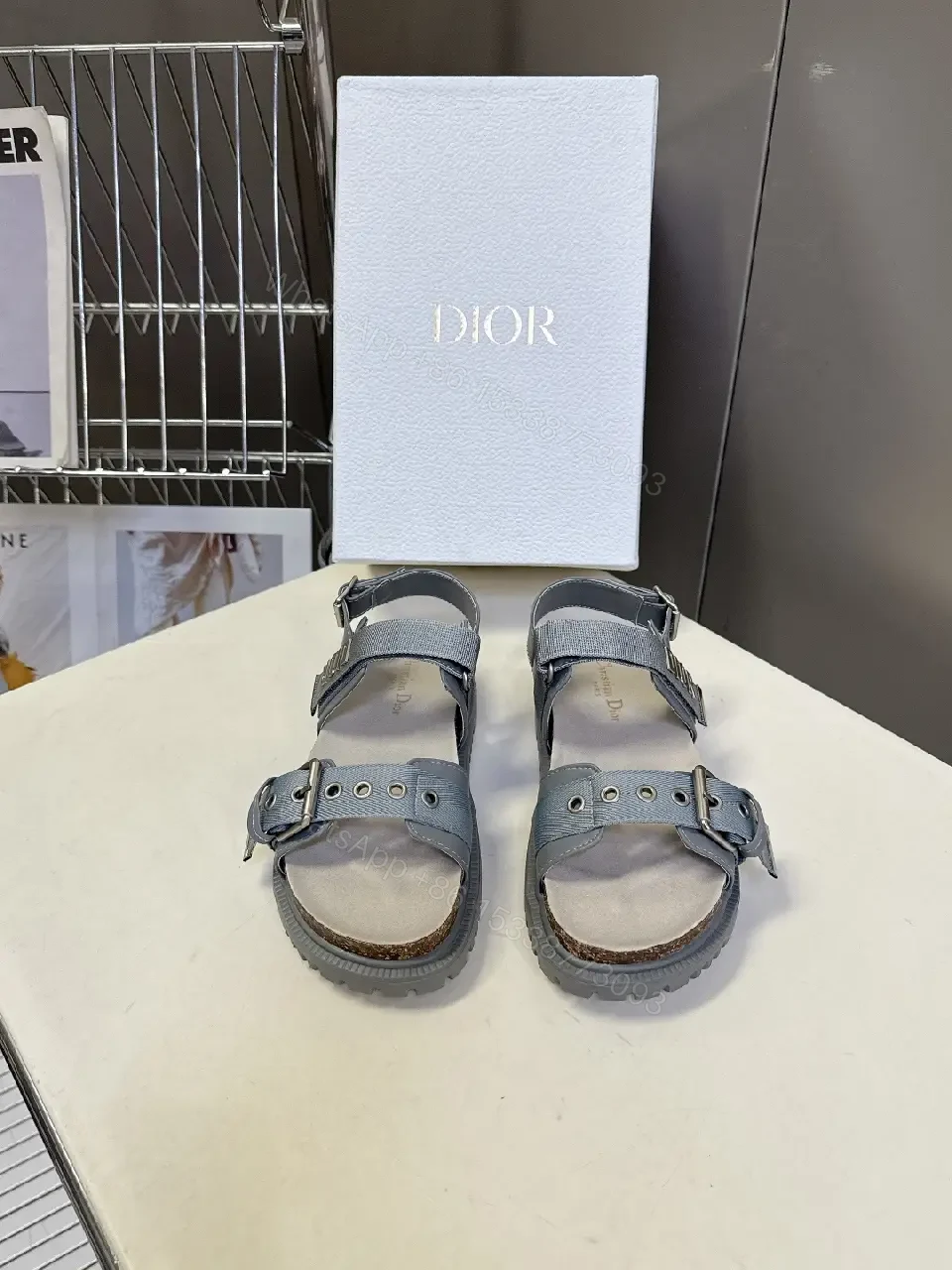 View 2 of Gray Leather Sandals with Cork Footbed & Buckle Straps (Dior Style)