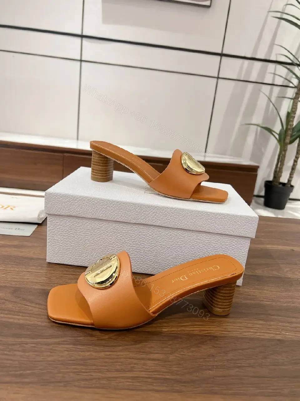 View 7 of Tan Leather Mule Gold Logo Buckle Dior Style Heel Slip-On Sandal