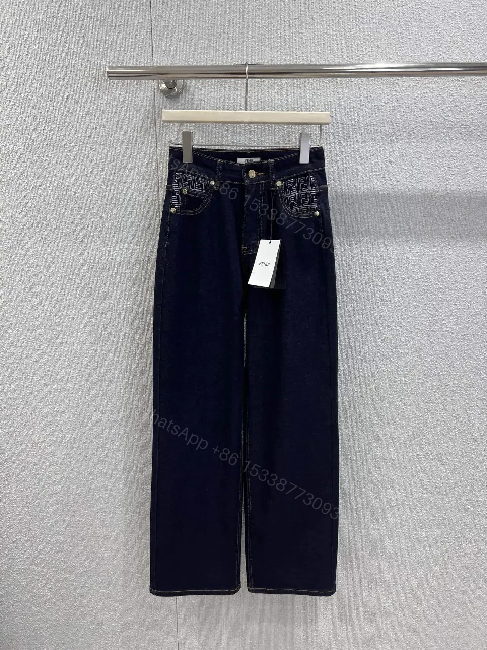 Dark Wash Wide-Leg Jeans with Embossed Pockets - Premium Denim — view 1