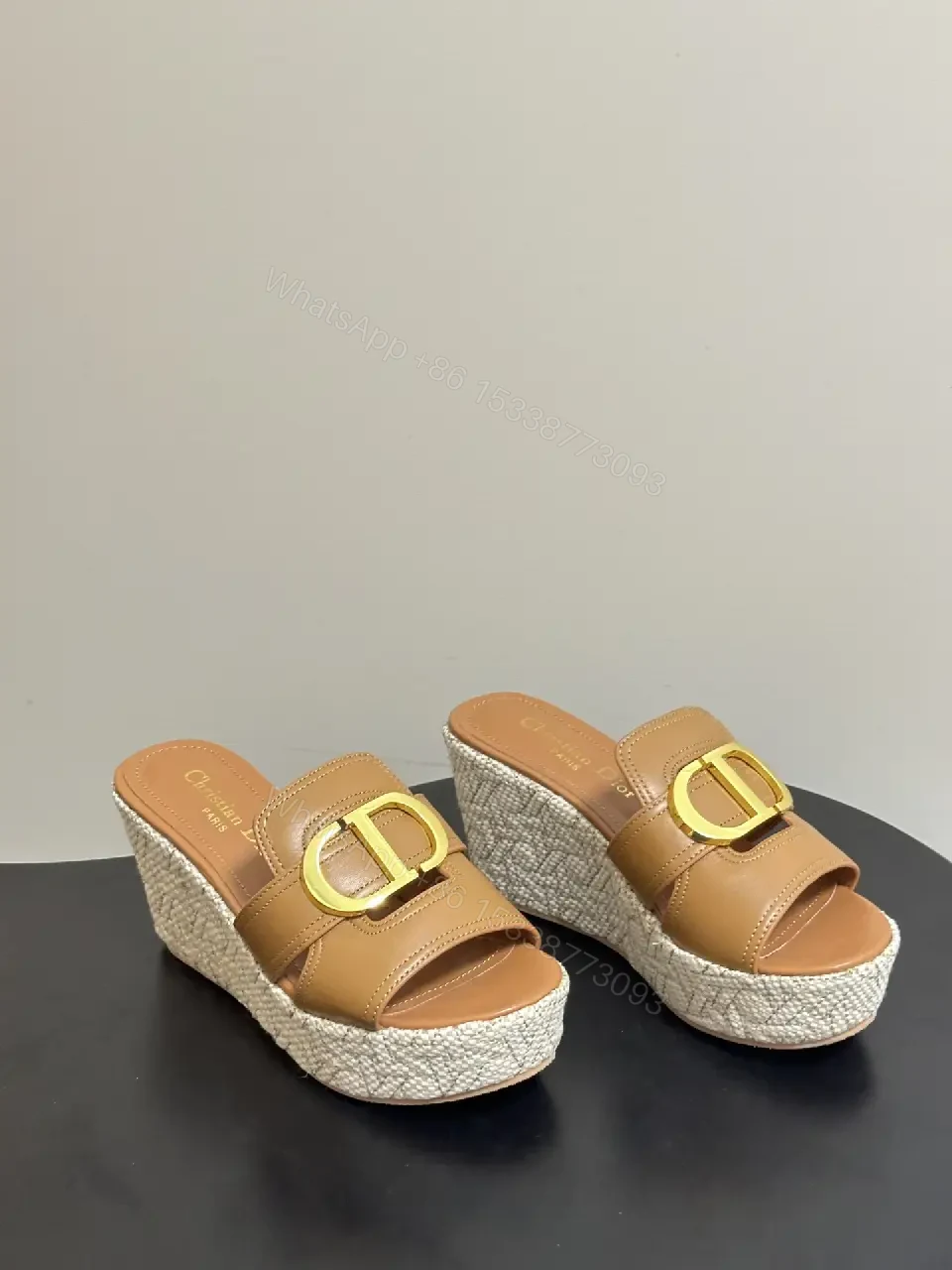 View 10 of Beige Leather Espadrille Wedge Sandals with Gold Buckle, Christian Dior Style