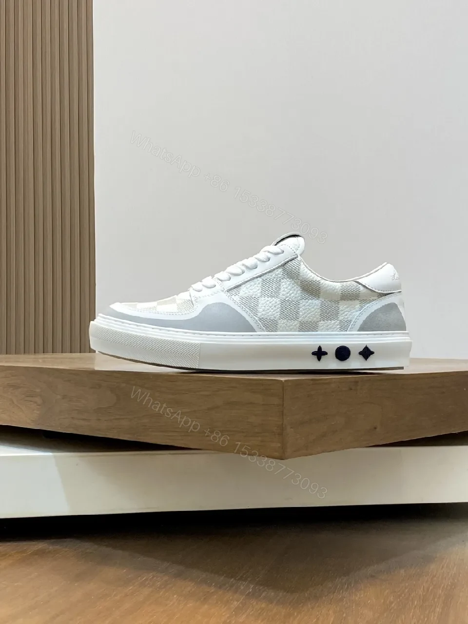 View 3 of White Checkerboard Leather High-Tops with Subtle LV-Style Accents