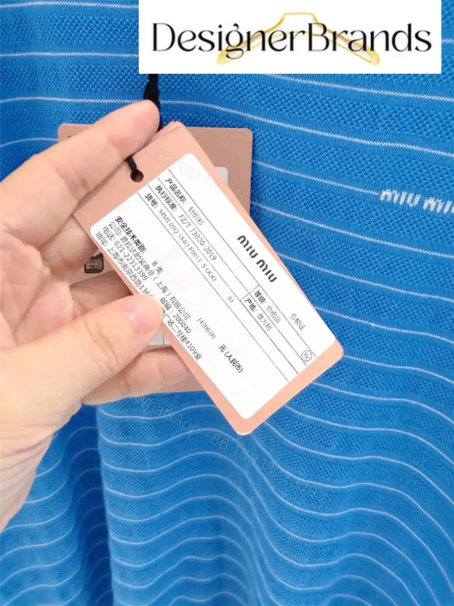 View 3 of Miu Miu Blue and White Striped Cotton V-Neck Knit Sweater