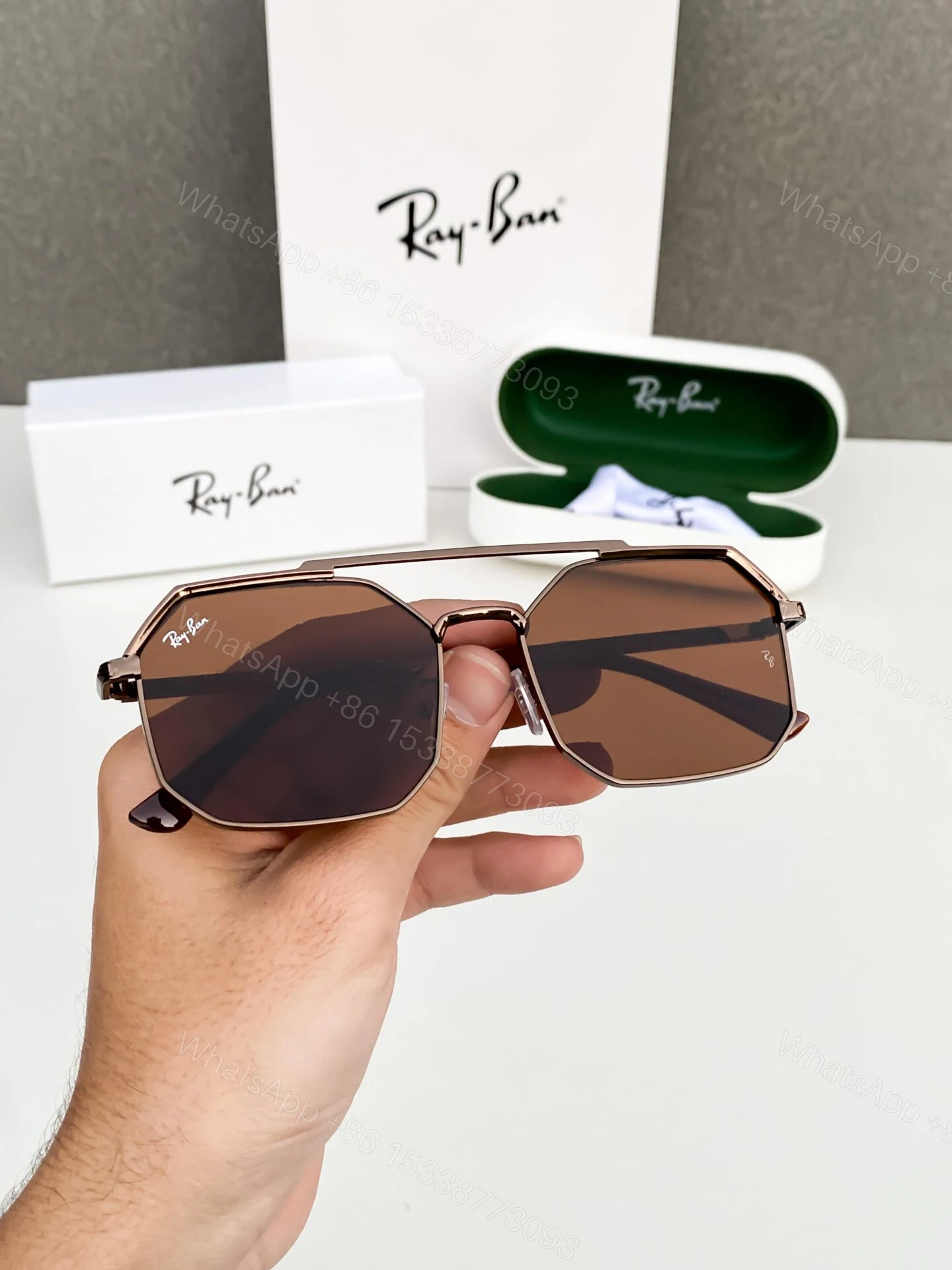 View 2 of Ray-Ban Hexagonal Sunglasses Brown Lens Metal Frame