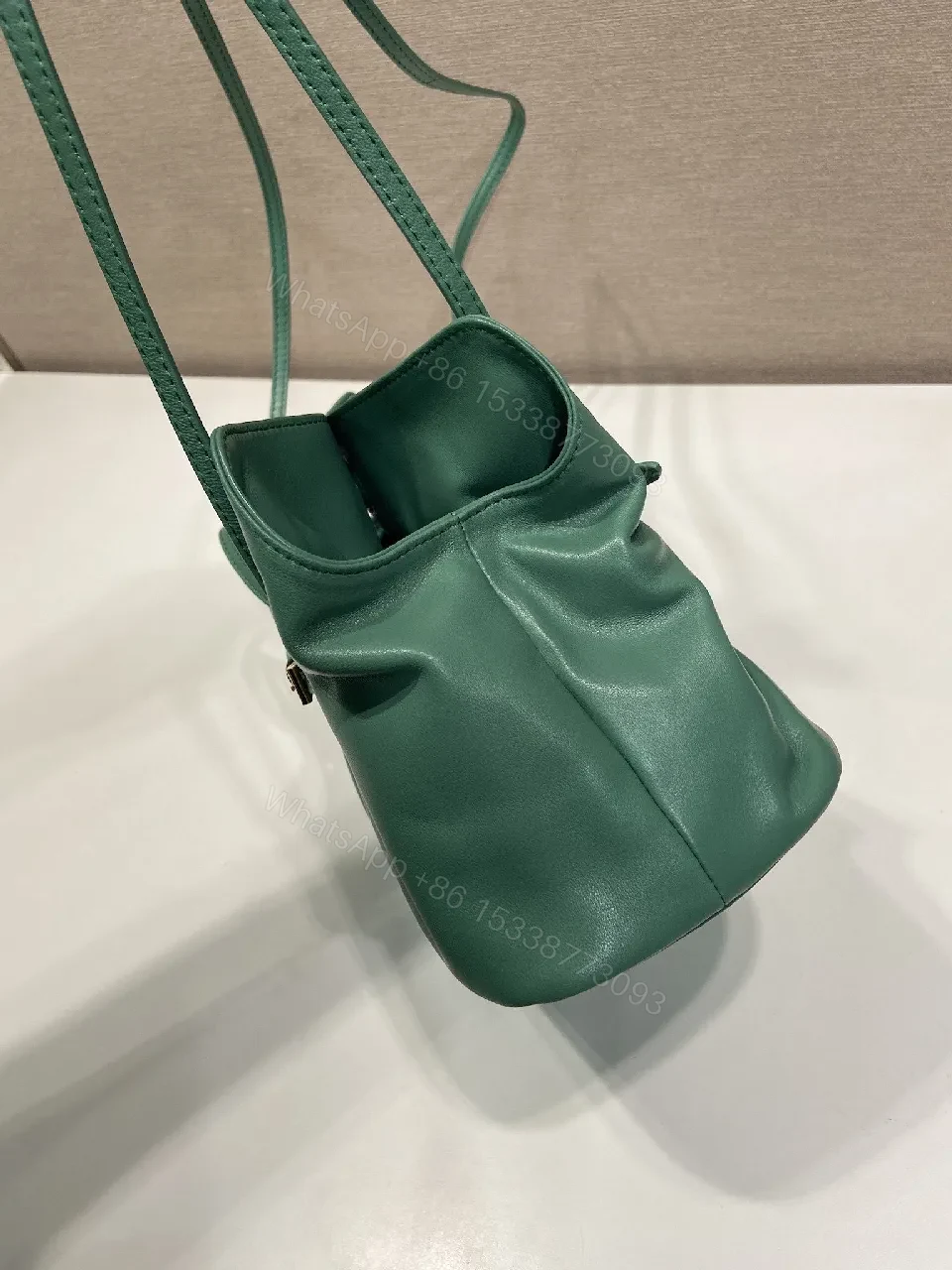 View 6 of Green Leather Drawstring Shoulder Bag - Minimalist Luxe