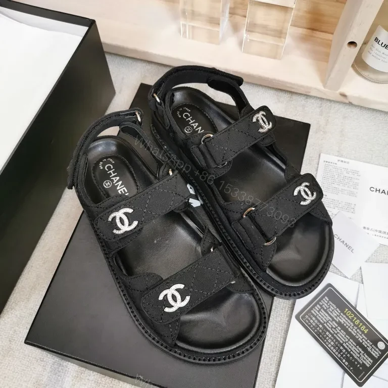 Chanel-Inspired Black Leather Sandals with Logo Details — view 1