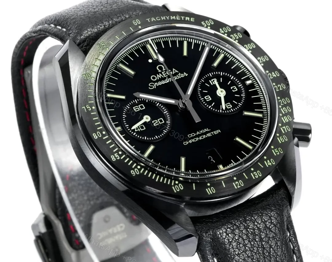 View 3 of Omega Dark Side of the Moon Series Full Ceramic Black Chronograph Watch with Black Leather Strap