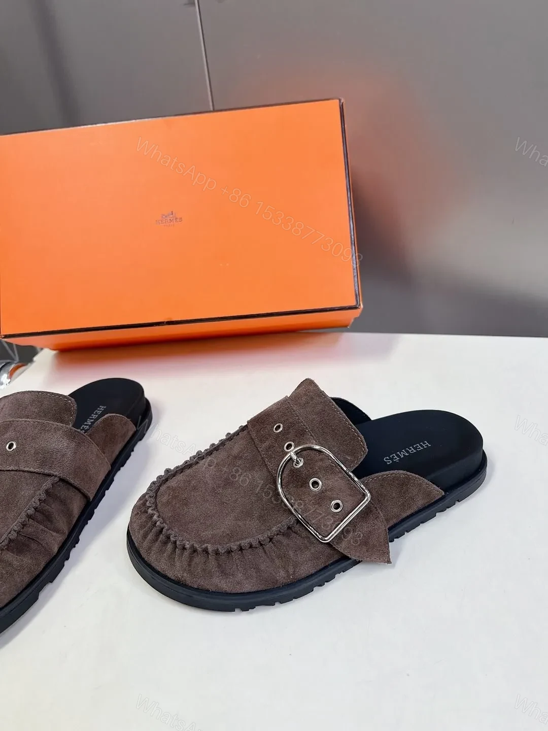 View 4 of Hermes Women Brown Suede Buckle Mules