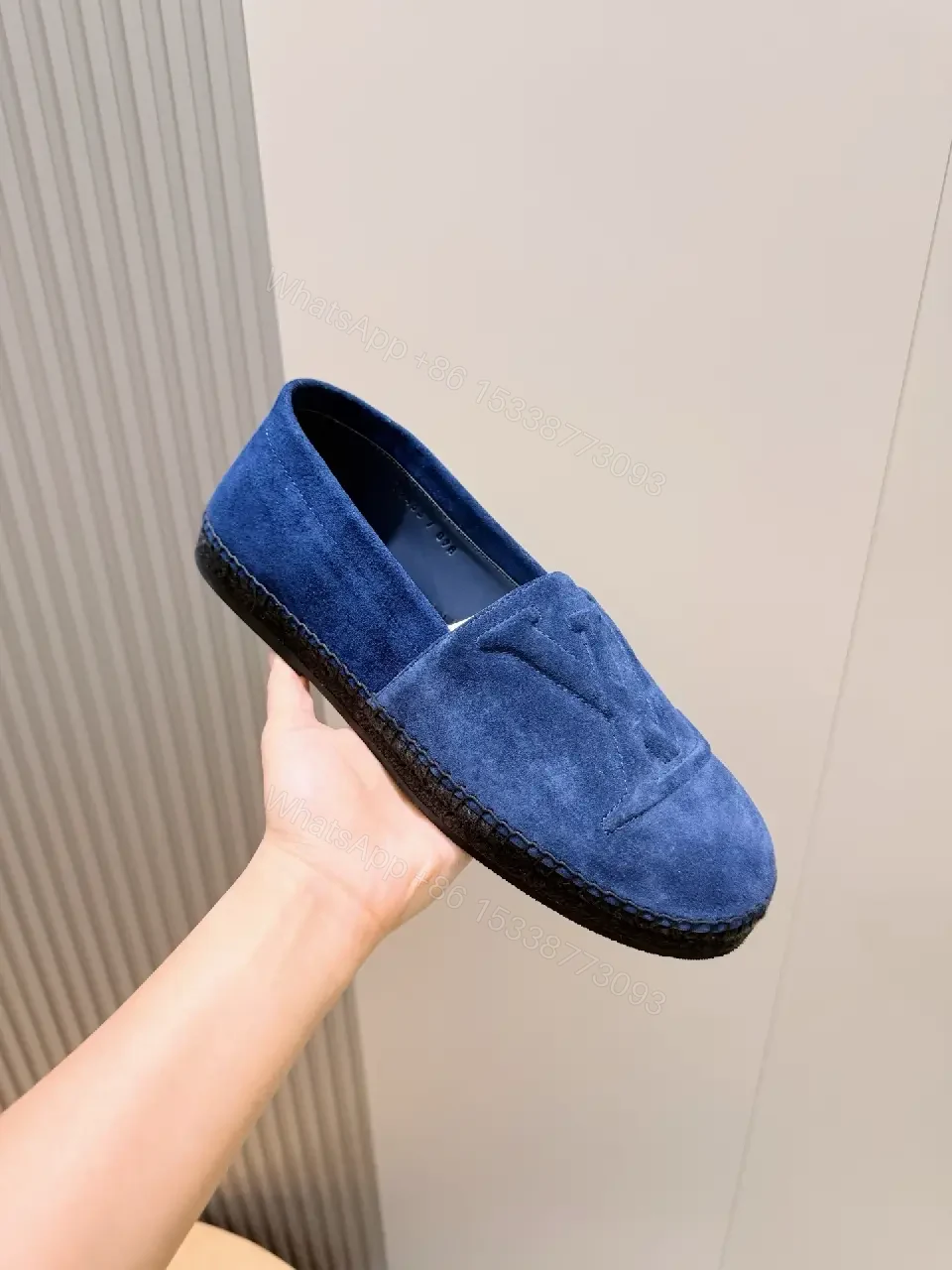 View 8 of Navy Suede LV-Embellished Slip-Ons: Quiet Comfort