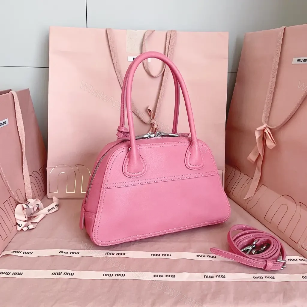 View 4 of Light Pink Leather Dome Satchel: Top-Handle Bag with Shoulder Strap
