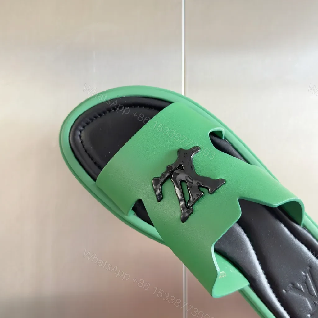 View 5 of Green Leather Sandals with Bold Logo, Comfort-Oriented Sandals