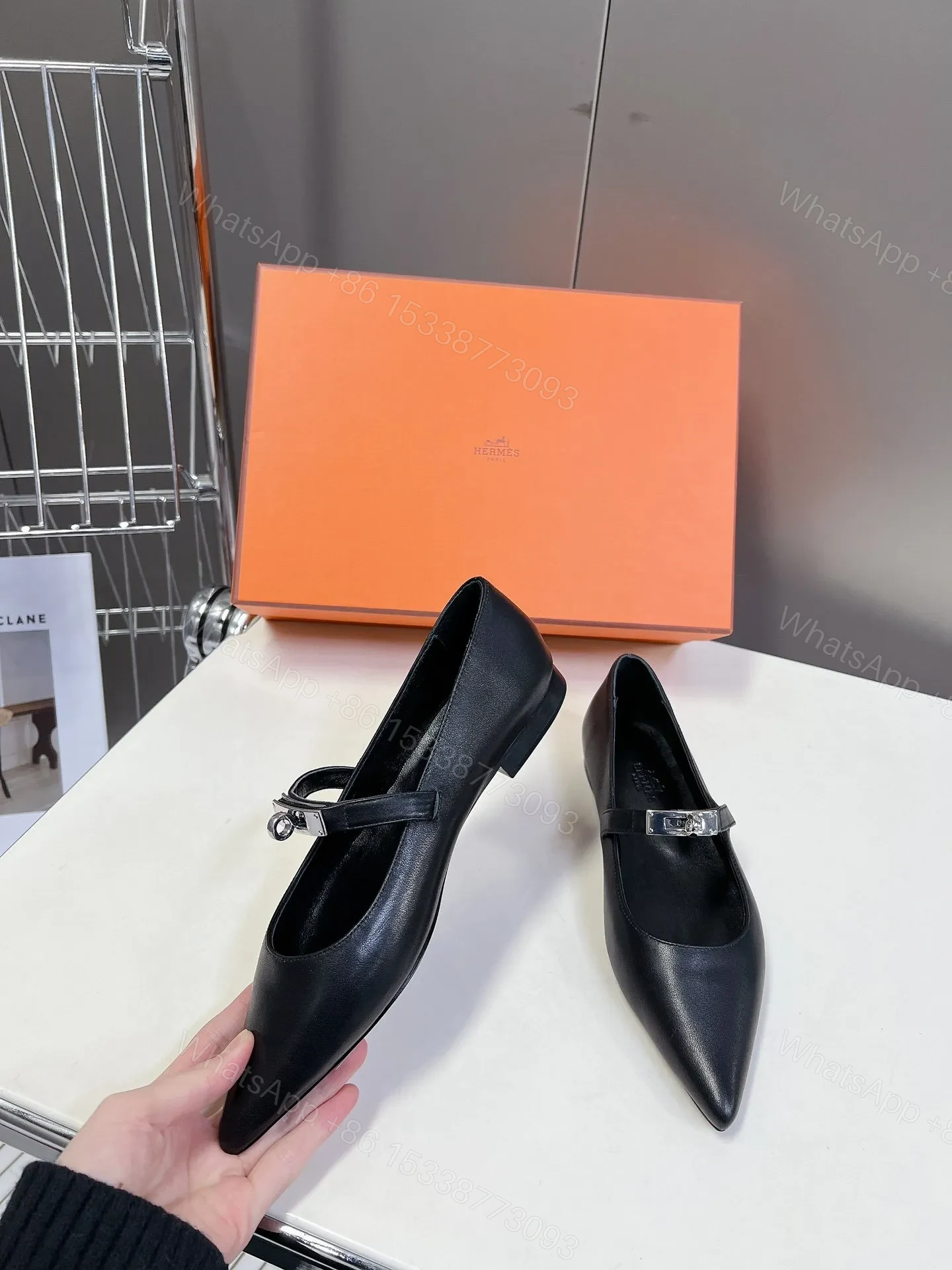 View 5 of Hermes Women Black Leather Pointed Toe Flats