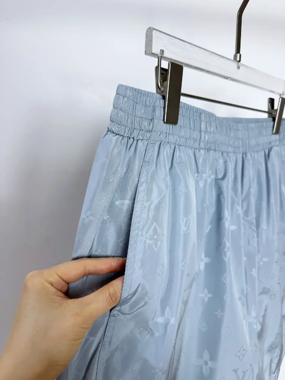 View 10 of Light Blue Satin Shorts with LV Monogram Print