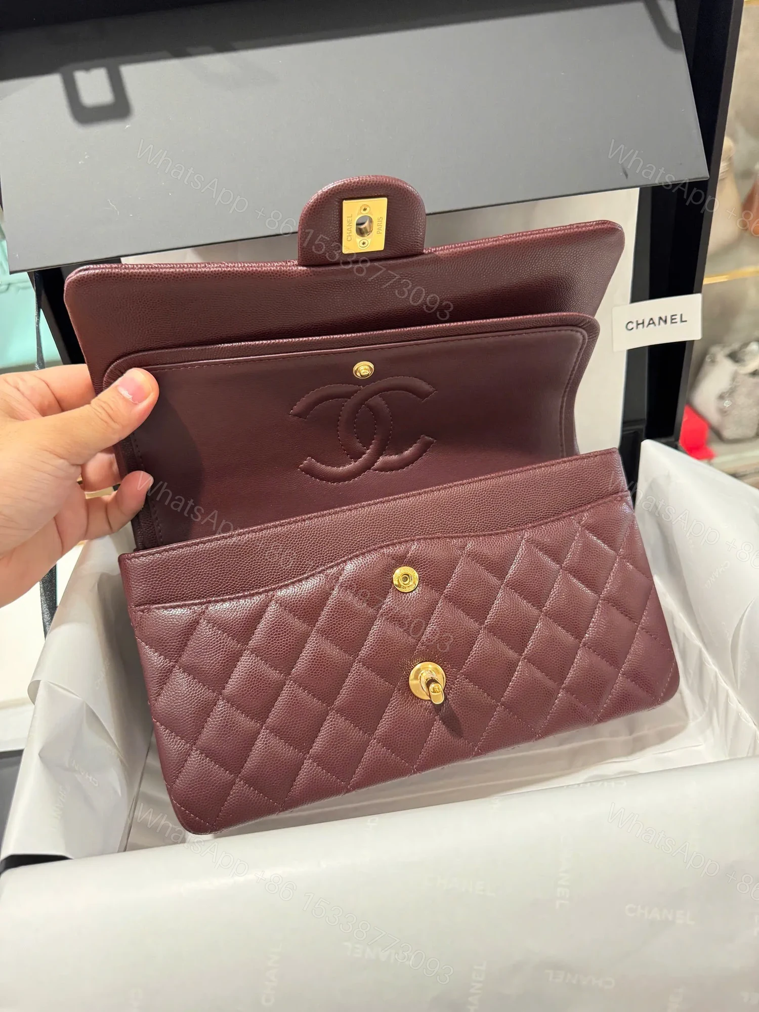 View 4 of Chanel Classic Plum Red Color Like Auth Handbags With Lock Gold 25cm