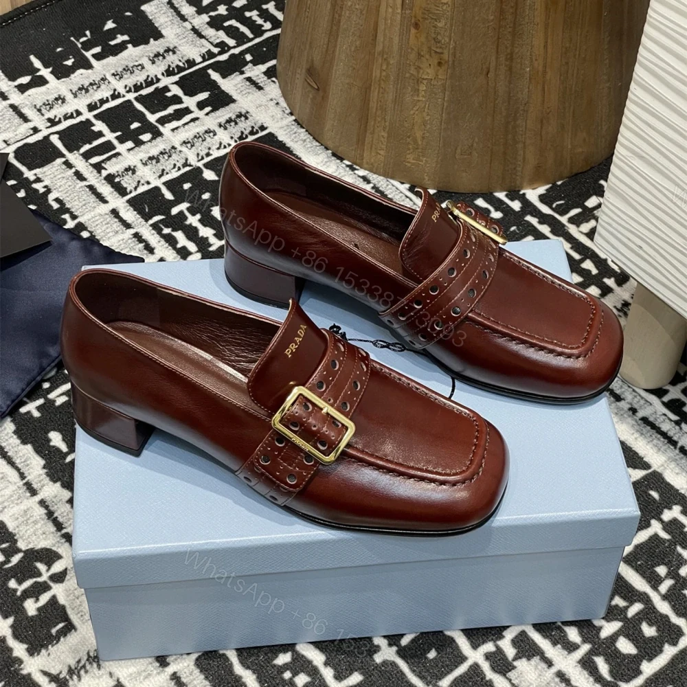 高仿Prada*1D831B方頭套腳樂福鞋3.5CM小牛皮棕色免檢版 — view 1