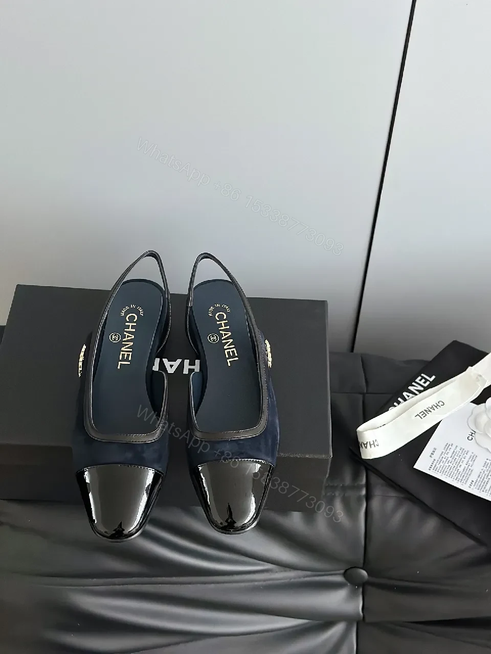 View 6 of Lux Satin Sling-Back Sandals: Navy with Logo Accent