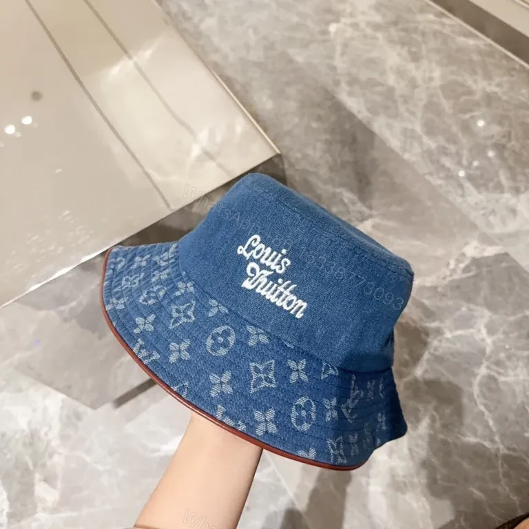 View 6 of Denim Bucket Hat with LV Monogram Accents - Modern Texture