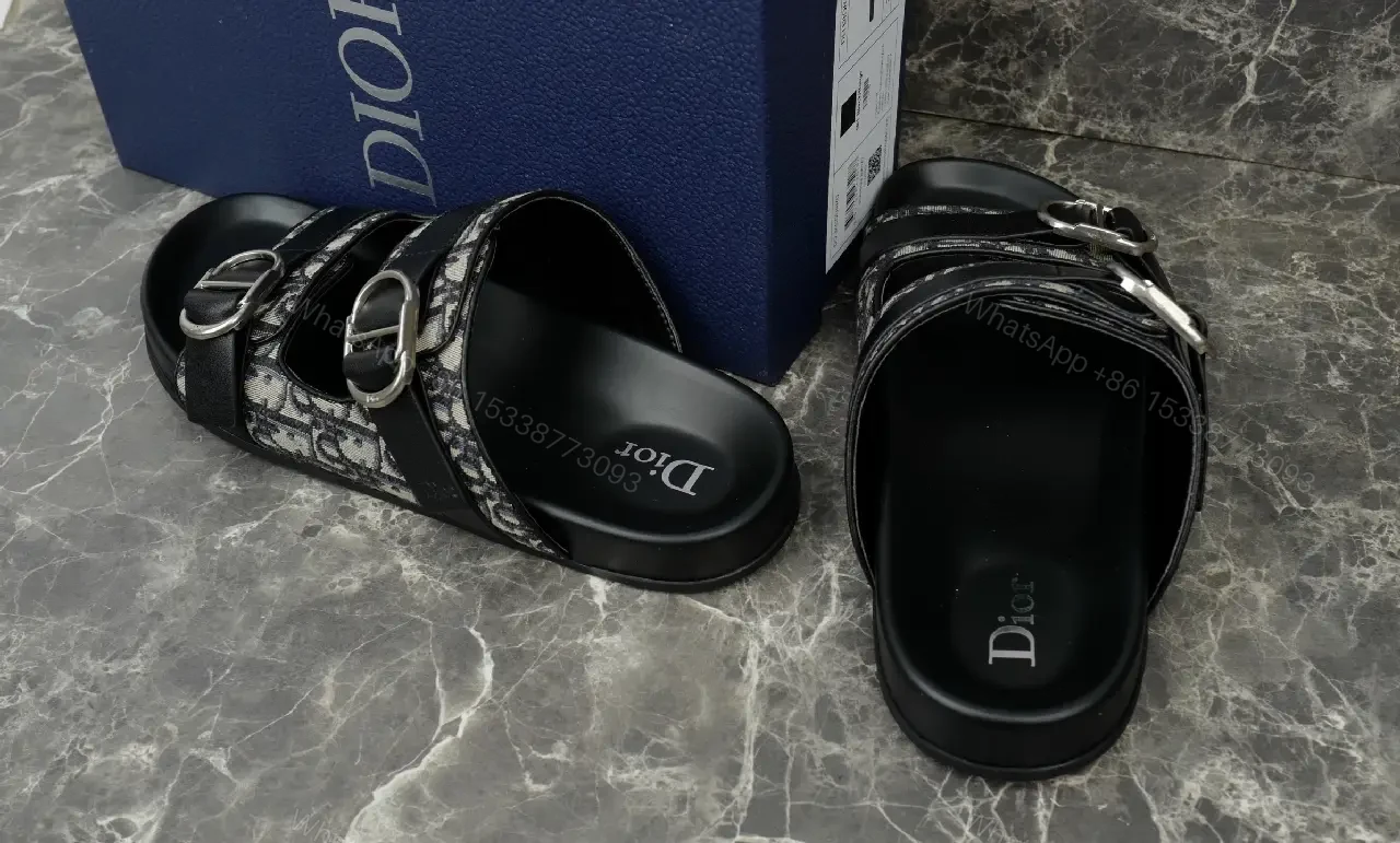 View 3 of Black Denim Leather Buckle Sandals Product Type: Dior Style
