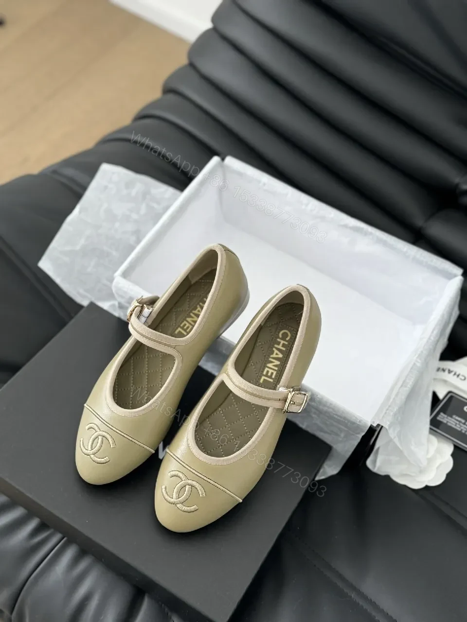 View 9 of Taupe Leather-Look Mary Jane Flats with Cushioned Insole
