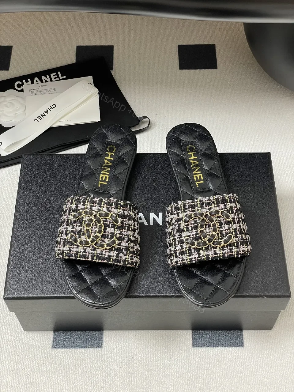 View 8 of Tweed Slide Sandals with Gold Chain Detail, Lux Comfort