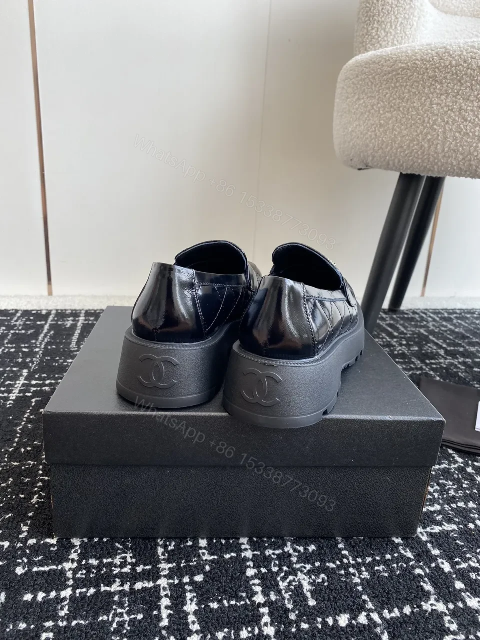 View 8 of Quilted Velvet Loafers: Gold Logo, Black Patent, Luxe Style