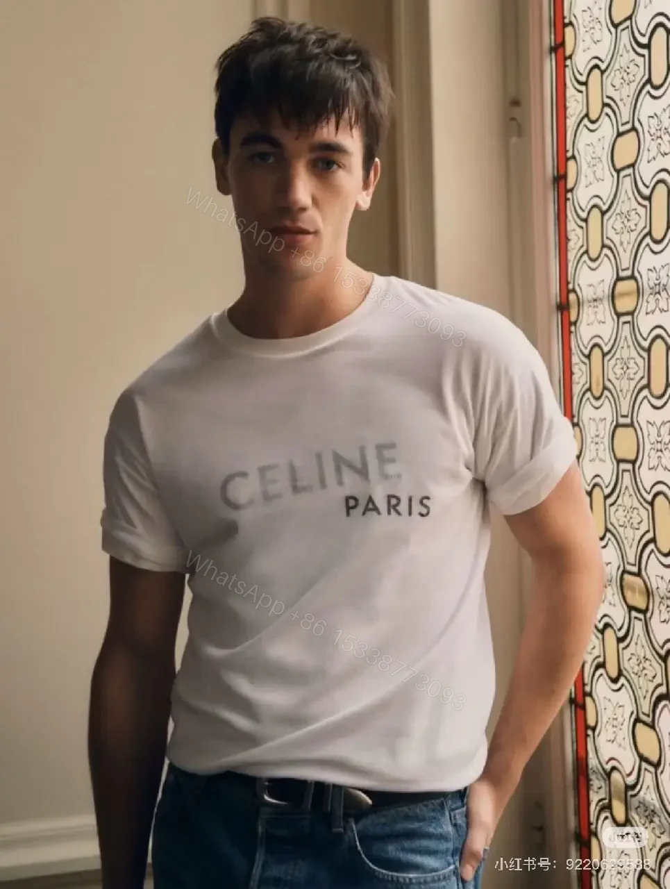 View 10 of Bright White Cotton-Blend Tee with Subtle CELINE Paris Logo