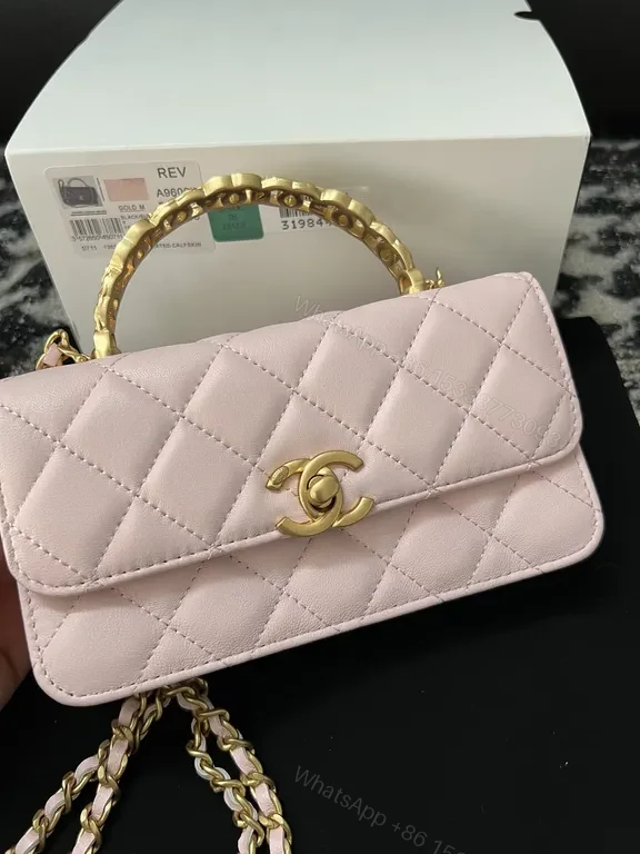 View 6 of Chanel-Inspired Pink Quilted Leather Mini Bag with Gold Chain