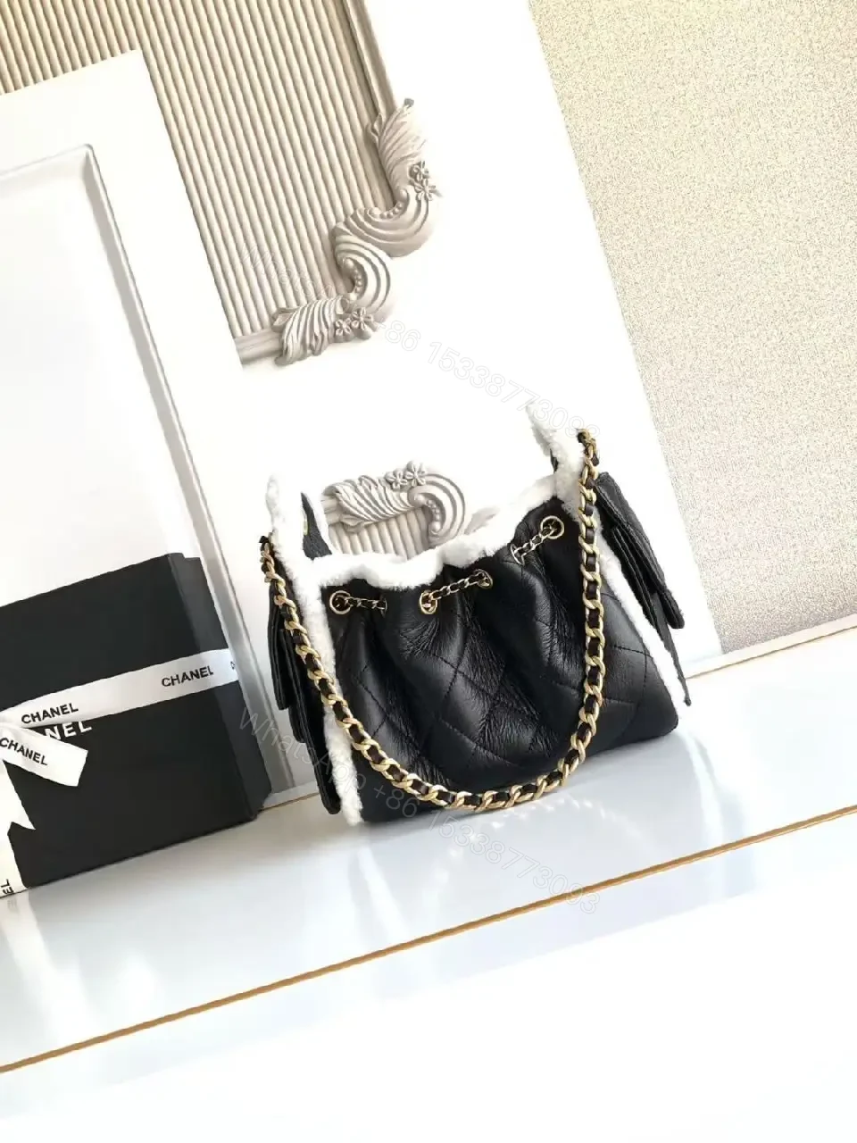 View 6 of Quilted Mini Bag with Faux Shearling Trim - Compact Luxury
