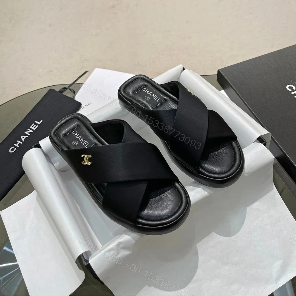View 2 of Chanel CC Logo Criss Cross Slides Black