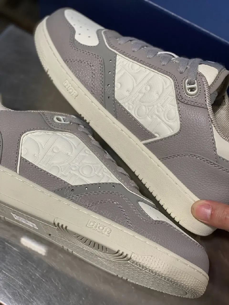 View 2 of Low-Profile Luxury Trainer with Monogram Panels, Grey-Cue Sneakers