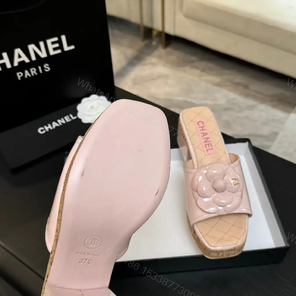 View 2 of Pink Quilted Slide Sandals with Floral Cork Platform