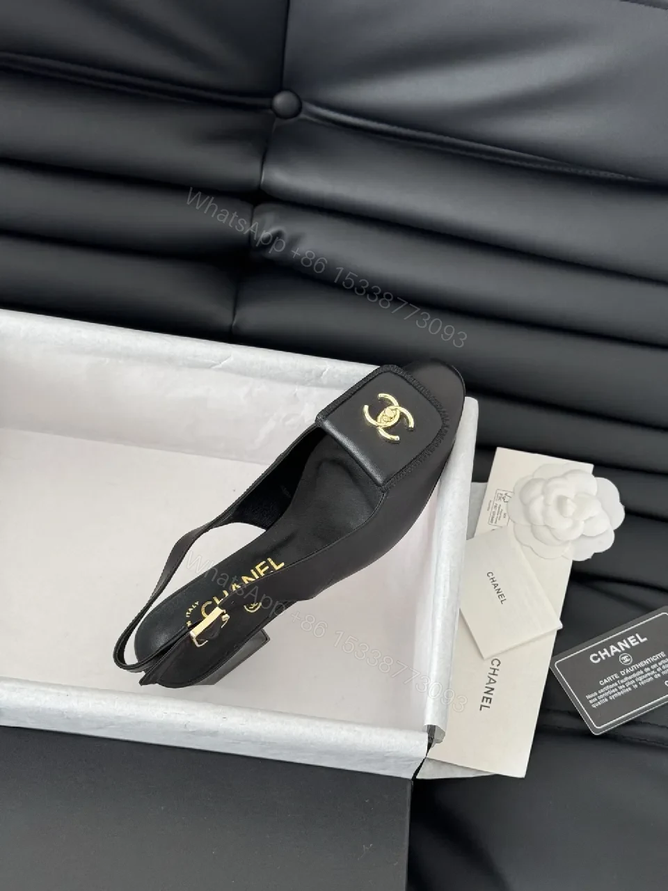 View 9 of Black Leather Slingbacks with Gold Hardware, Luxury-Style Heels