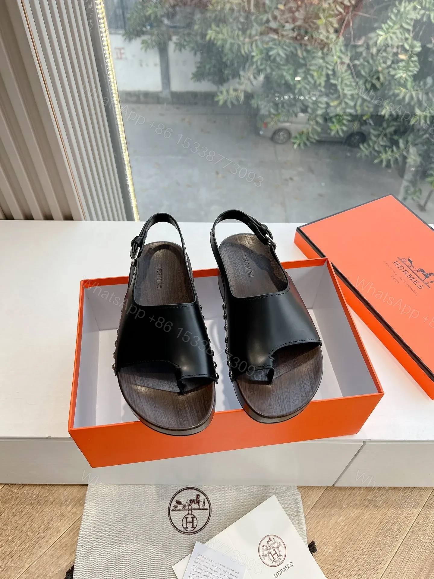 Hermes Women Black Leather Slingback Sandals — view 1