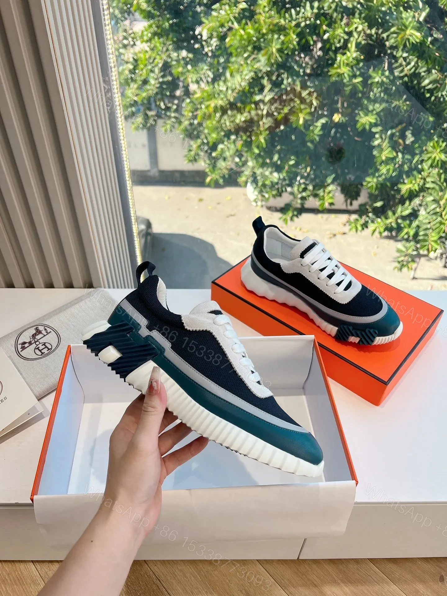 View 5 of Hermes Women Navy Blue White Mesh Sneakers
