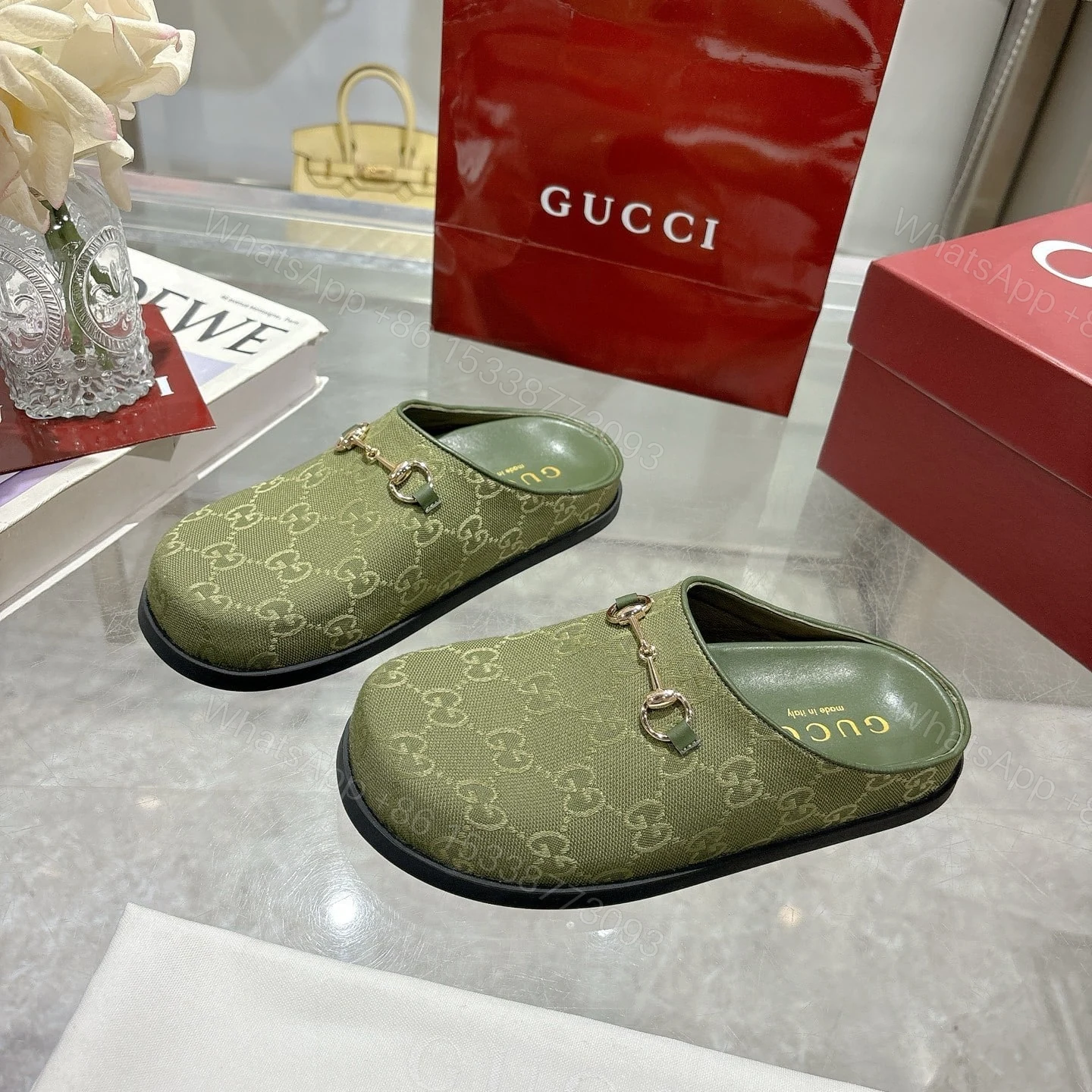 View 4 of GUCCI WOMEN MULE WITH HORSEBIT DARK GREEN GG CANVAS 837130 FAB10 3046