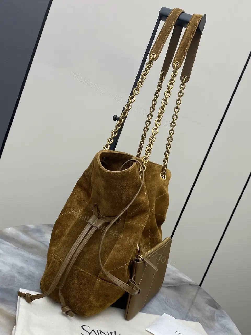 View 2 of Cognac Suede Shoulder Bag with Chain Strap – Luxe Everyday Style