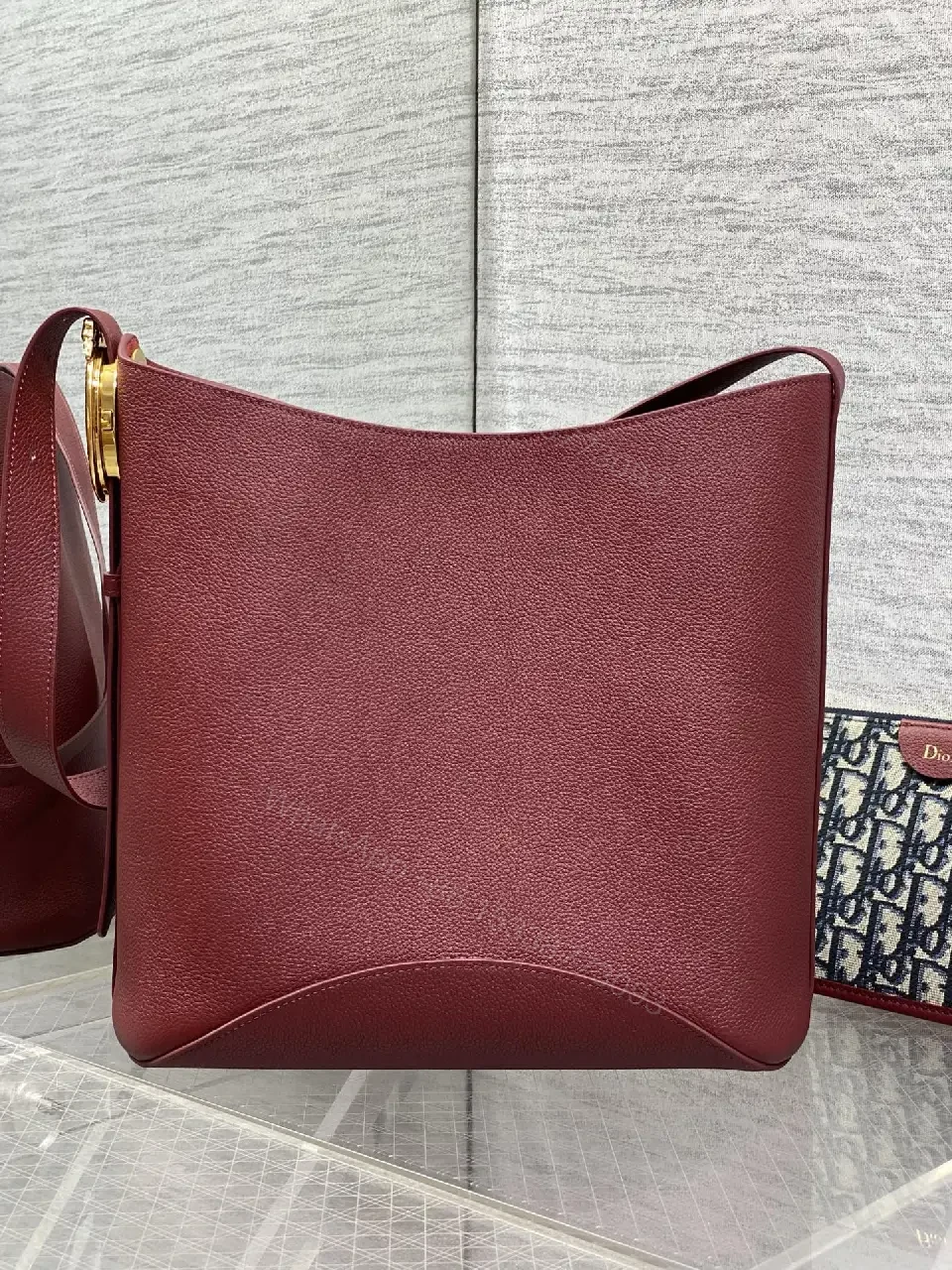 View 7 of Burgundy Pebbled Leather Handbag, Gold Hardware, Dior Monogram Detachable Cardholder Strap