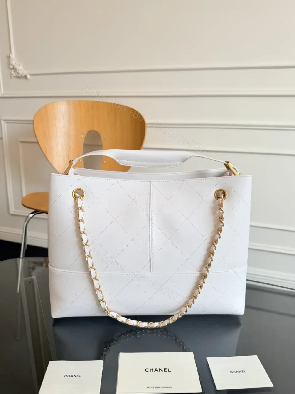 View 12 of White Quilted Tote with Gold Chain - Structured, Luxe Classic