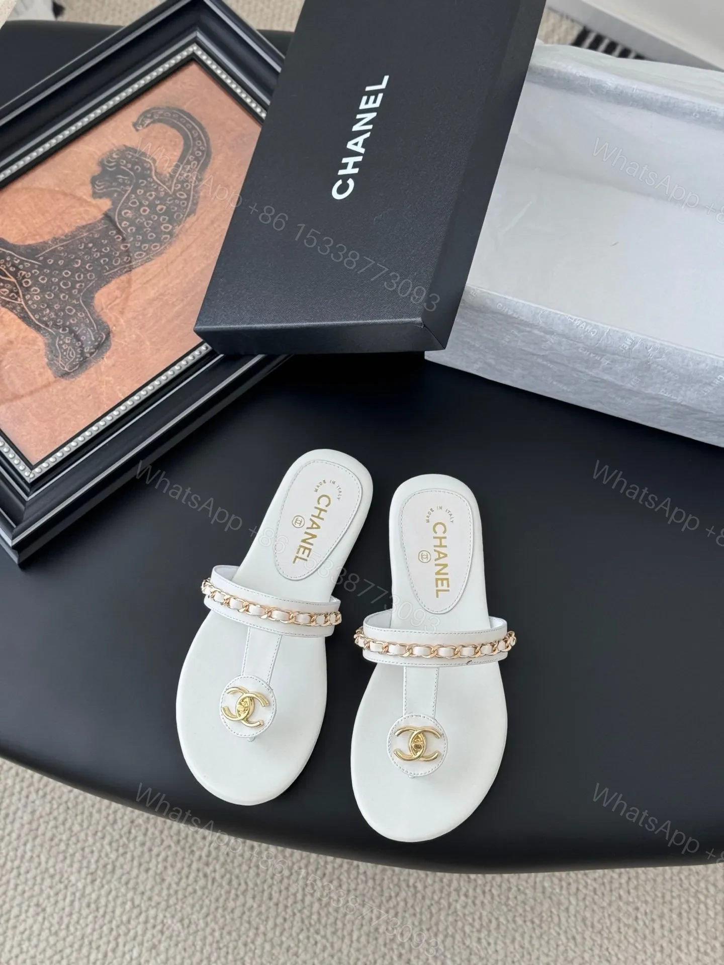 Chanel Women White Leather Slides With Chain Detail — view 1