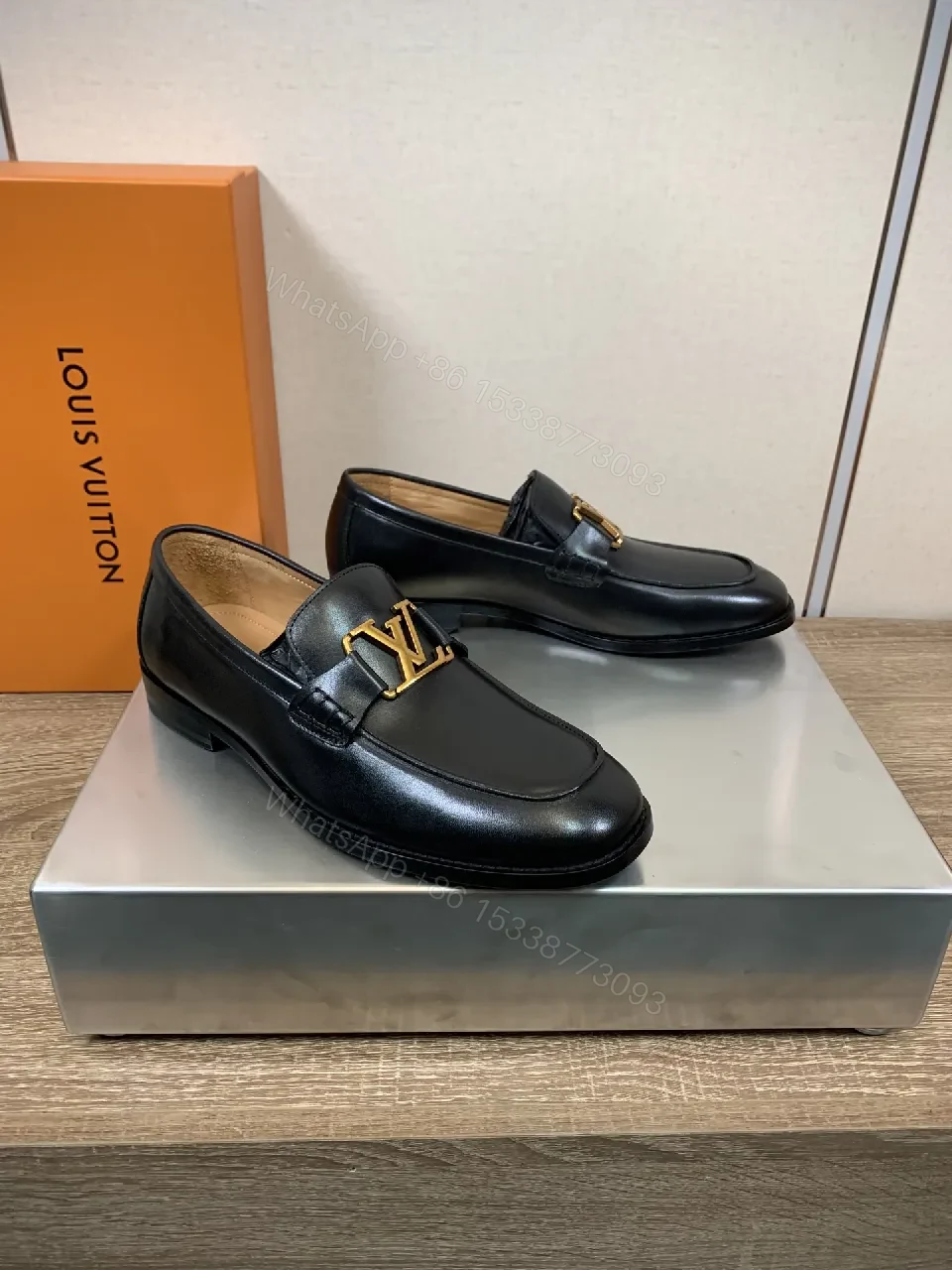 View 4 of Chic Black Leather Penny Loafers with Gold Hardware