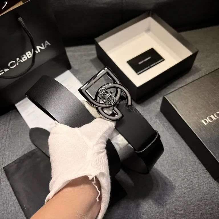View 8 of Sleek Black Leather Belt with Crystal Crown Buckle - DG Signature