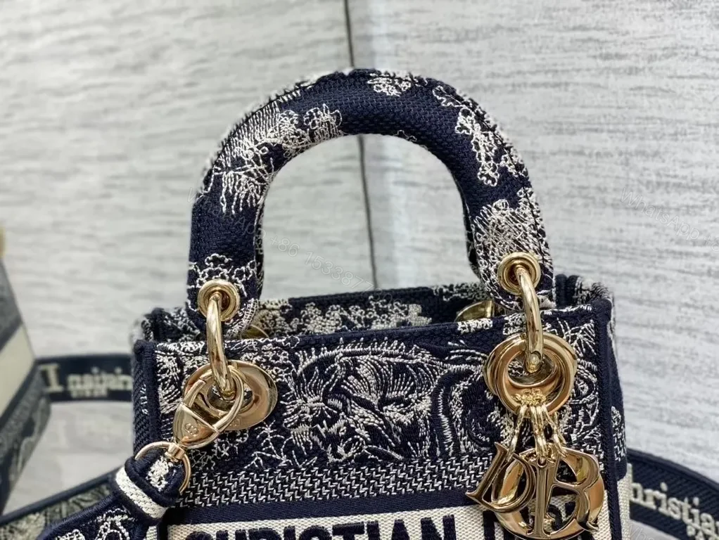 View 9 of Navy Tapestry Mini Tote: Dior Logo Luxe Carryall